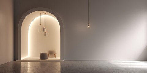 Aufkleber - Minimalist interior with a soft glowing arch against a clean wall creating a modern and airy atmosphere expressing simplicity and elegance
