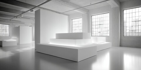 Aufkleber - Minimalistic white display platforms in a bright, empty space, ideal for product showcases, branding presentations, or modern design displays, studio shot