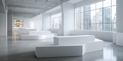 Aufkleber - Minimalistic white display platforms in a bright, empty space, ideal for product showcases, branding presentations, or modern design displays, studio shot