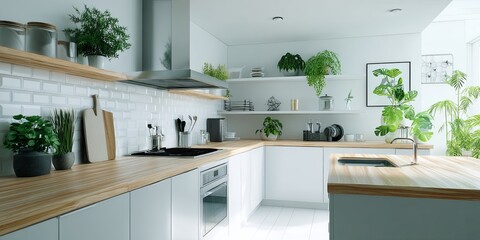 Fototapete - Modern kitchen interior with wooden countertop, white cabinets, and minimalistic decor featuring plants and appliances in a bright, airy atmosphere