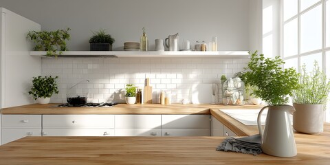 Fototapete - Modern kitchen interior with wooden countertop, white cabinets, and minimalistic decor featuring plants and appliances in a bright, airy atmosphere