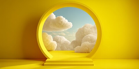 Leinwandbilder - Vibrant Yellow Background with Circular Cutout and Fluffy Clouds Creating a Dreamy, Whimsical Atmosphere for Creative and Artistic Projects