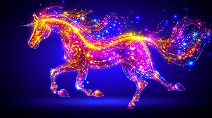 Wall Mural - Luminous unicorn silhouette created with vibrant bursts of color against a deep blue backdrop magical and ethereal artwork style illustration