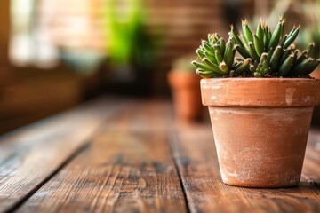 Fototapete - Diverse cactus plants in a textured pot create a striking visual on a wooden table, enhanced by natural light and a minimalistic arrangement