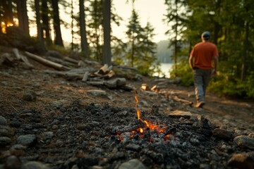 Aufkleber - Glowing embers from a recent campfire rest in the foreground while a hiker prepares to explore the serene woods and nearby lake in the background