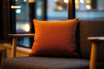 Poster - A close-up view of a comfortable chair featuring a warm cushion, situated in a cozy environment that highlights simplicity and invites relaxation