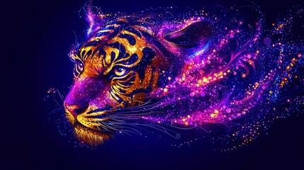 Wall Mural - Abstract bengal tiger head in vivid cosmic colors with stars and nebula elements conveying power grace and the beauty of wildlife in the night