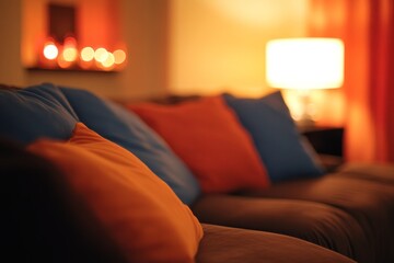 Aufkleber - Close-up view of a living room featuring a sectional sofa adorned with soft, colorful pillows. Warm ambient light from a lamp enhances the inviting space