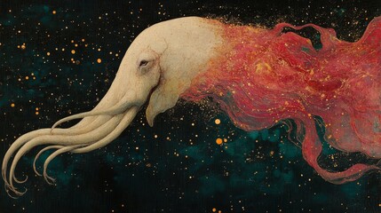 Wall Mural - Extraterrestrial aquatic creature exploration within an interstellar abyss teeming with luminous stardust in a realm of cosmic phenomena of marine biology