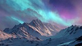 Snowy mountains under aurora borealis light show