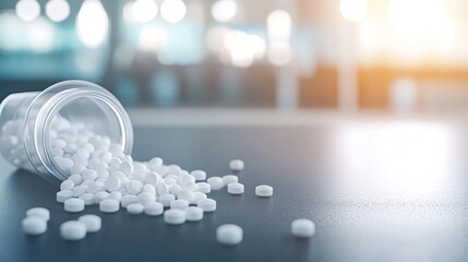 Leinwandbilder - A close-up shot captures a spilled prescription bottle, with white pills scattered on a dark gray surface, emphasizing health themes and offering copy space