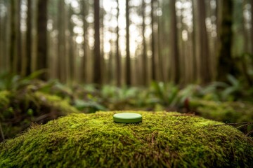 Poster - A rough stone is adorned with vibrant green moss in a forest, with sunlight highlighting its texture and casting gentle shadows, ideal for nature-themed projects