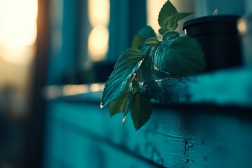 Poster - Soft lighting illuminates the intricate textures of delicate leaves on a weathered wooden shelf, creating a calm atmosphere perfect for design inspiration