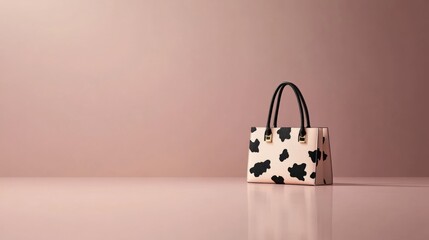 Poster - A close-up view of a fashionable cow print handbag featuring delicate gold detailing, showcased on a soft pink surface with ample copy space
