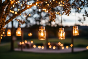 Poster - Lanterns filled with warm light dangle from tree branches, creating a cozy atmosphere for an evening gathering in the backyard with soft lighting
