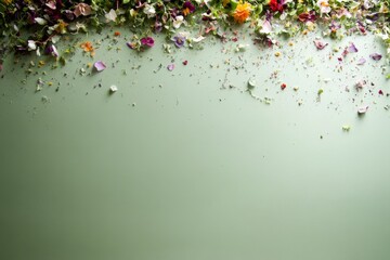 Leinwandbilder - Close-up view of lush greenery with colorful flowers scattered across a solid pastel background, providing a lively feel and delicate floral details for creative use