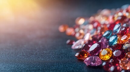 Fototapete - Close-up shot of colorful gemstones on a glossy surface showcases their brilliance under warm lighting, enhancing the luxurious feel and inviting admiration