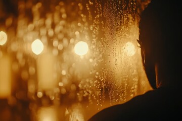 Poster - Close-up view of water droplets on a windowpane, softly reflecting warm light while blurring the outside world, evoking a calm and peaceful atmosphere