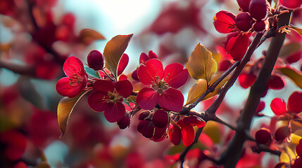 Dark red crabapple blossoms, deep red foliage on Malus Royalty tree branches.