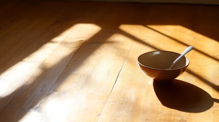Aufkleber - A ceramic bowl with a spoon rests on a wooden table, illuminated by gentle morning light. Soft shadows create warmth and tranquility in the setting