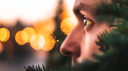 Poster - Close-up of a single gold eyelid peeking from behind a frosted pine branch, with soft festive lights creating a warm atmosphere during the holiday season