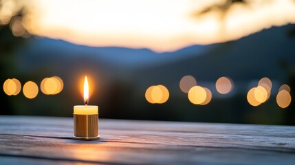 Aufkleber - Brass candlestick holds a single lit candle, casting warm light on a rustic wooden table against a softly blurred neutral backdrop during twilight
