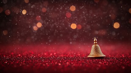 Fototapete - Intricate golden bell ornament is showcased against a rich red velvet backdrop, illuminated by soft bokeh, creating a festive atmosphere for holiday celebrations