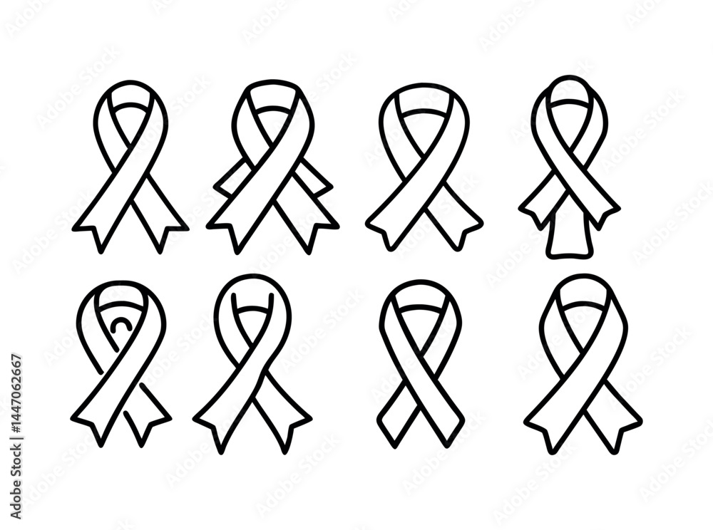 Nine Simple Black Line Art Awareness Ribbons, A set of nine simple ...