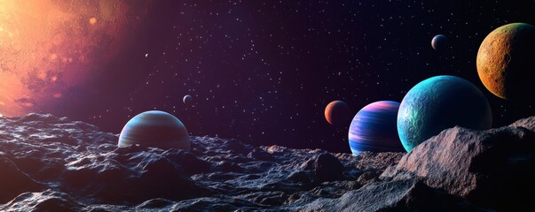 a rocky planetary surface with multiple colorful planets in space