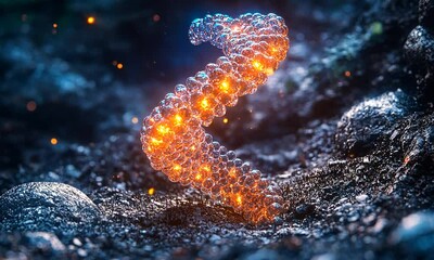 Wall Mural - Glowing abstract spiral design made of luminous spheres on a textured dark surface