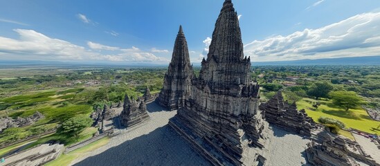 Majestic Prambanan Temple Complex Under a Blue Sky with Whispering Clouds