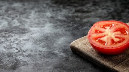 Aufkleber - Close-up view of a freshly sliced tomato half resting on a wooden cutting board, showcasing its seeds and inviting textures illuminated by dramatic lighting