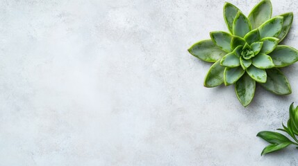 Poster - A single vibrant succulent showcases detailed leaf designs, elegantly displayed on a clean white marble surface with ample copy space on one side