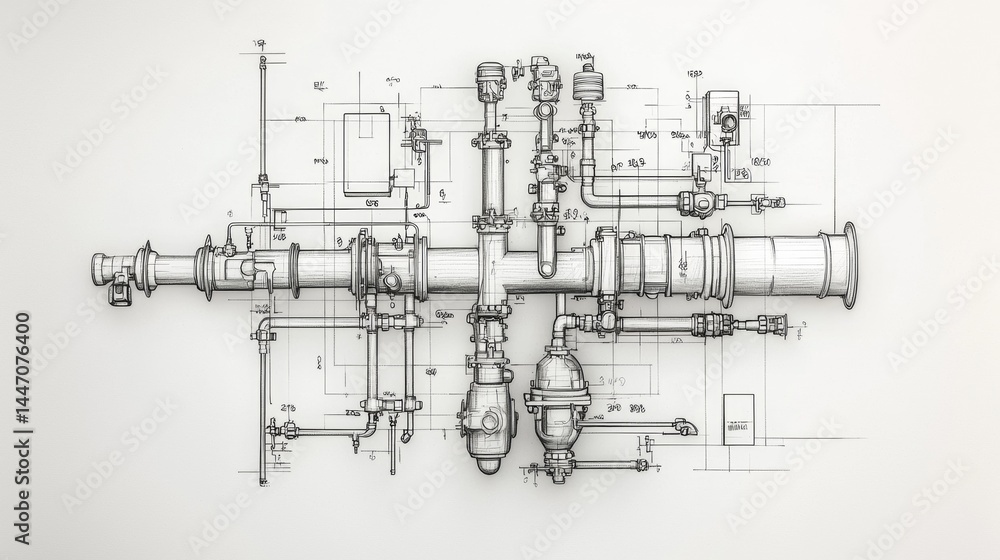 Technical blueprint of a complex piping system showcasing detailed ...