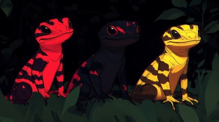 Wall Mural - Vibrant trio of pixelated salamanders in red black and yellow hues against a dark jungle backdrop creating an enigmatic and unique wildlife tableau