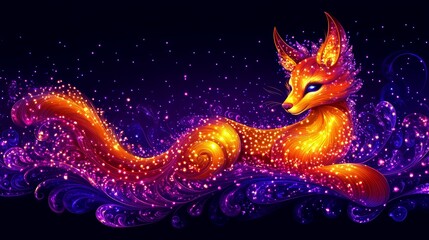Wall Mural - Ethereal vulpine creature emerging from cosmic dust, a magical fox shimmering with celestial light in a dreamy, otherworldly landscape artwork