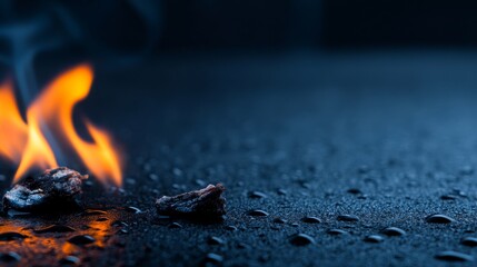 Aufkleber - Flames flicker beside droplets of water on a dark surface, highlighting the striking contrast between heat and coolness in a captivating display of textures