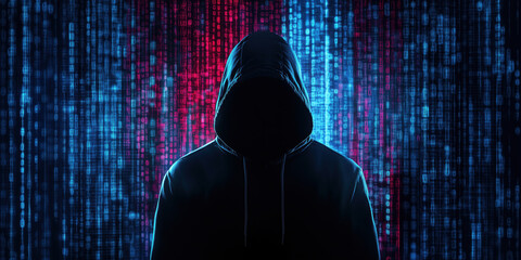 mysterious figure in hoodie against digital binary code background.