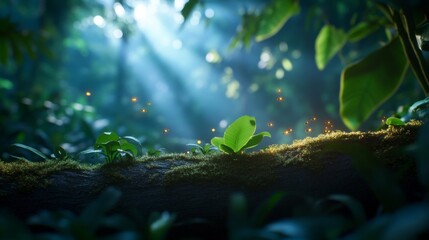 Poster - In a vibrant forest, ethereal light shines through the canopy, revealing fireflies dancing around a moss-covered log, creating a magical nighttime atmosphere