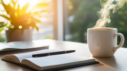 Poster - A hardcover book and a steaming coffee mug rest on a wooden desk with minimal stationery, creating a calm, productive space filled with natural light