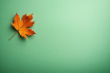 Leinwandbilder - Single maple leaf displaying vibrant hues of orange and yellow is highlighted on a soft pastel green surface, creating an appealing contrast and depth