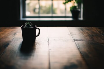 Poster - Brightly lit home office desk features a closed laptop, a small succulent plant, and a ceramic coffee mug, creating an inviting workspace atmosphere