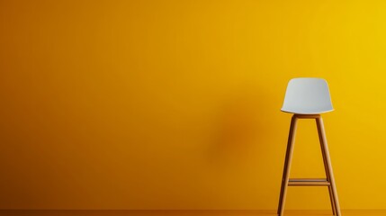 Fototapete - A minimalist wooden stool is positioned in front of a bright mustard yellow wall, offering plenty of copy space on the right for showcasing products or designs