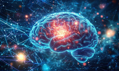 Wall Mural - digital representation of a human brain with neural connections and glowing synapses.