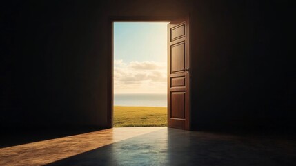 Aufkleber - An open door reveals a calming ocean vista with colorful clouds above. Lush green hills add to the peaceful atmosphere, inviting exploration and reflection