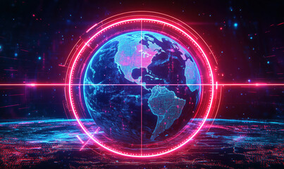 Wall Mural - futuristic digital globe with neon effects and grid background for technology themes.