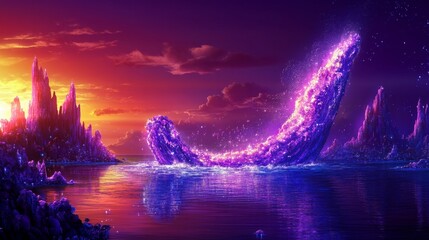 Wall Mural - Mystical island landscape at dusk featuring unusual rock formations with glowing purple light creating a surreal and dreamlike ambiance artistic scenery