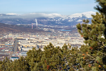 Wall Mural - View from the mountain to the city of Magadan. In the foreground are branches of dwarf cedar. In the distance are city blocks, thermal power plants and snow-capped mountains. Magadan region, Russia.