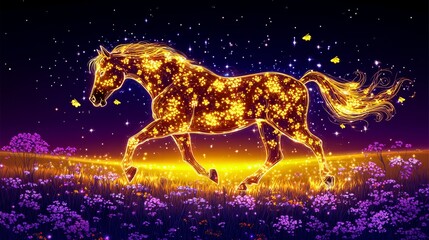 Wall Mural - Illuminated equine spirit galloping across a cosmic flower meadow with radiant energy and starlight in a mystical dreamscape illustration art