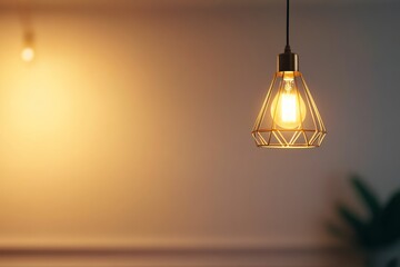 Fototapete - A contemporary ceiling lamp with a gold geometric frame and frosted bulb illuminates a white wall, creating beautiful light patterns in a stylish space